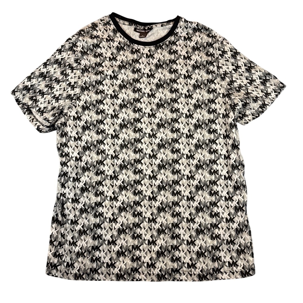 Michael Kors Mens XL MK Monogram Logo Print T-Shirt Black Grey White Short Slv